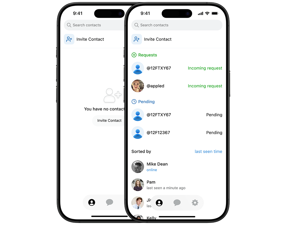 Keylane contacts and presence, showing invite requests and pending connections