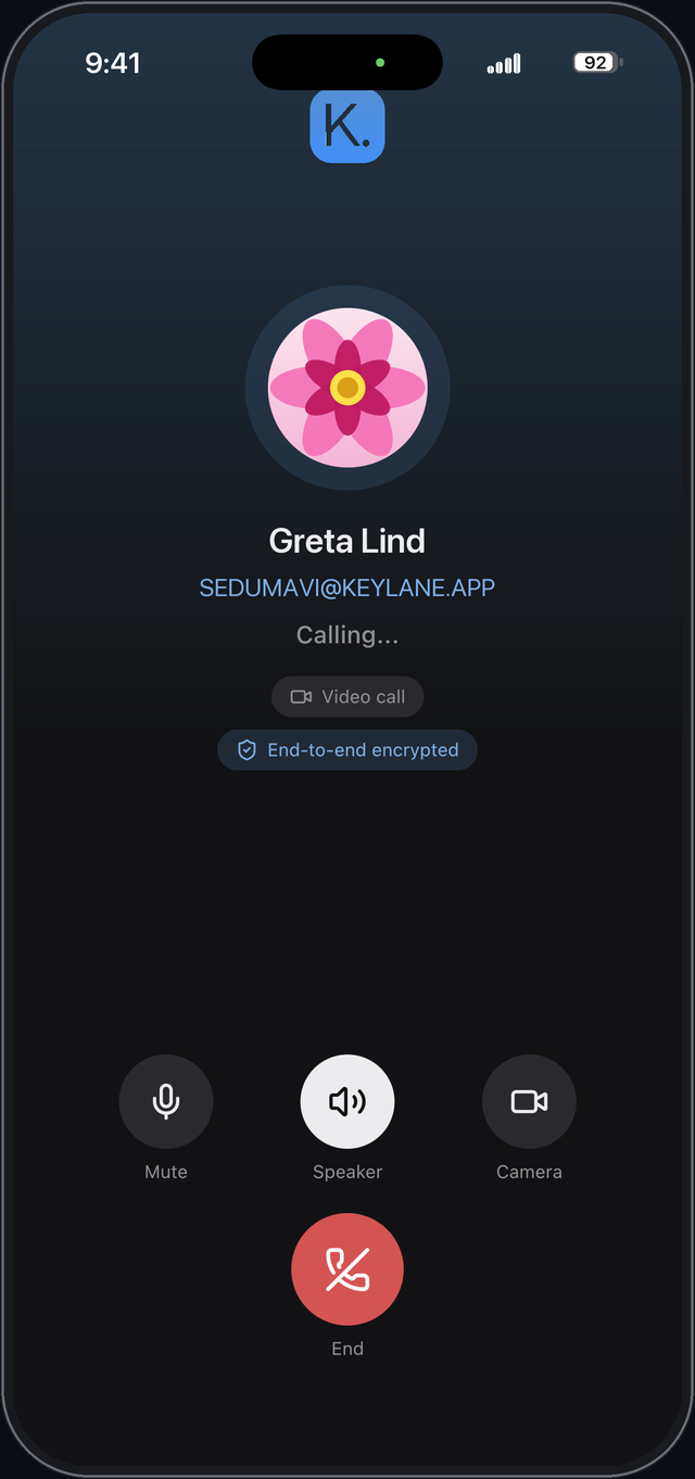 An outgoing Keylane call labelled end-to-end encrypted
