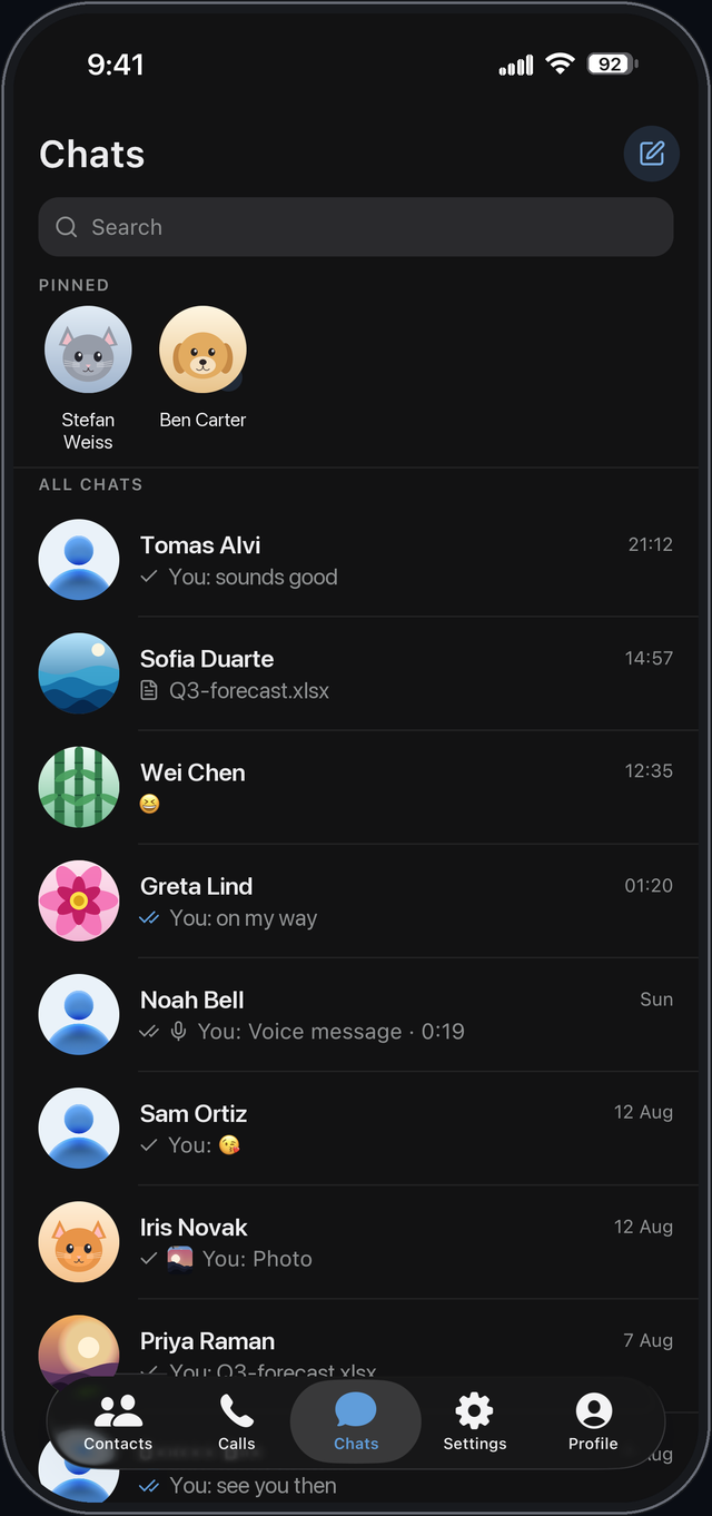 Keylane conversation list on a phone, showing chats identified by name with no phone numbers