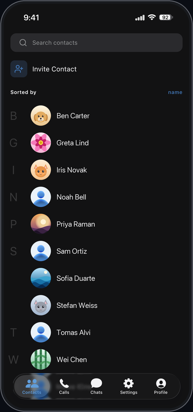 Keylane contact list, with names and no phone numbers anywhere