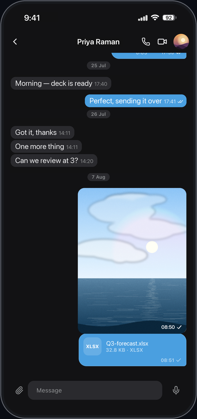 A Keylane conversation with a photo and a file attachment, both end-to-end encrypted