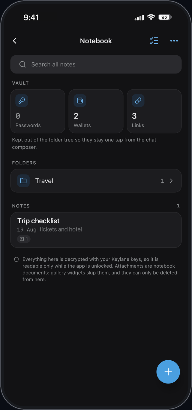 The Keylane secure notebook, showing a vault of passwords, wallets and links